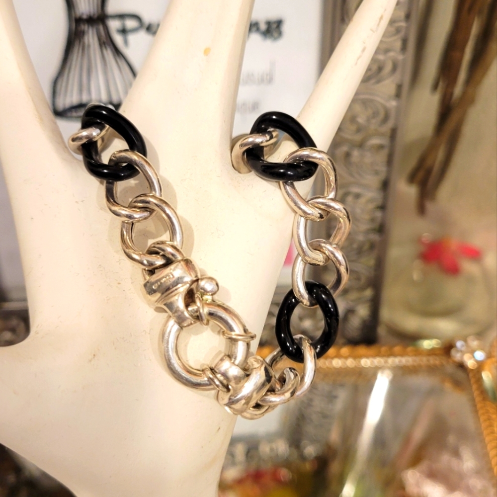 CI SIGNED STERLING SILVER BRACELET 7.75" BLACK STONE 21.6G AMAZING VTG PIECE!!🤩